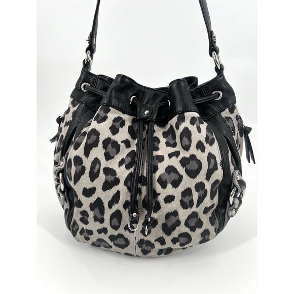 TIGNANELLO Vintage Leopard Suede Leather Drawstring Bucket Purse Bag + Keychain - Picture 1 of 15